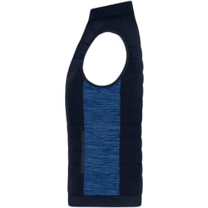A navy and blue hybrid vest featuring padded sections and a zip pocket, with a logo on the design.