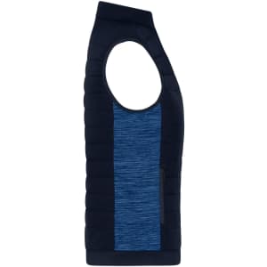 A padded hybrid vest in navy blue with a textured blue panel and a zip pocket on the side. Features a sleeveless design.