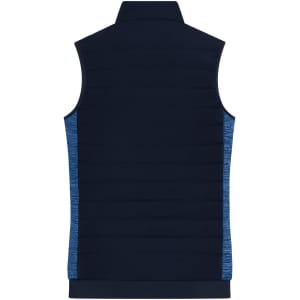 A navy blue ladies padded hybrid vest featuring a solid back and contrasting blue side panels. It has a logo.
