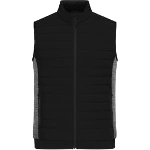 A black padded hybrid vest with grey side panels and a high collar, featuring zippered pockets and a logo.