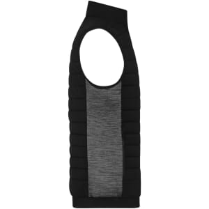 A black padded hybrid vest featuring a sleeveless design and a contrasting mesh back. Includes a logo.