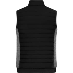 A men's padded hybrid vest in black with grey side panels and a logo. Suitable for layering and casual wear.