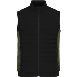 A men's padded hybrid vest in black with green side panels and a zip-up front, featuring pockets and a logo.