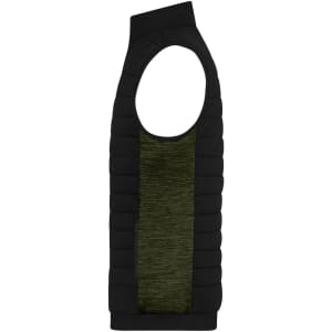 A black and olive green men's padded hybrid vest with a sleeveless design and a logo.