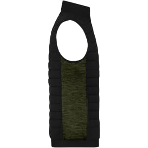 A men's padded hybrid vest in black with a textured green panel, featuring a round armhole and a logo.