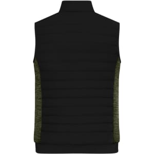 A men's padded hybrid vest in black with green side panels, featuring a high collar and no sleeves.