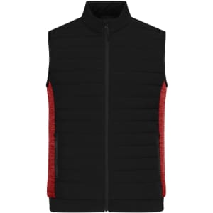 A padded hybrid vest featuring a black front and red sides, with a full zip and pockets. It has a logo on it.