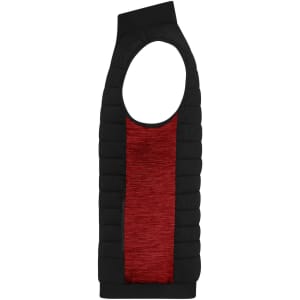 A black and red men's padded hybrid vest with a sleeveless design and an eye-catching texture. It features a logo.