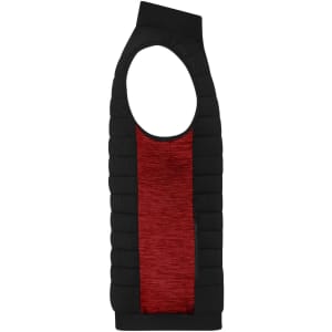A men's padded hybrid vest featuring a black design with a red central panel and an open armhole style.