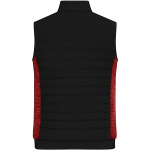 A padded hybrid vest featuring a black front and red side panels, with a high collar and branded logo.