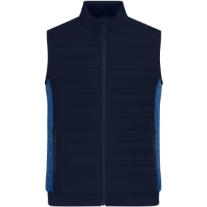 A padded hybrid vest in navy with textured blue sides and a zip front. Features pockets and a collar.