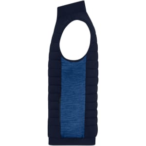 A navy blue padded hybrid vest featuring an open arm design and a textured blue back, with a logo present.