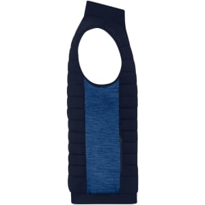 A navy padded hybrid vest with a sleeveless design and a textured blue panel. Features branding on the garment.