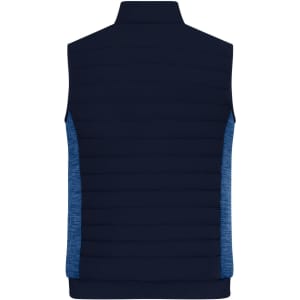 A navy blue padded hybrid vest with a textured blue panel on the sides and a high collar. Features branding.