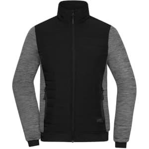 A padded hybrid jacket featuring a black front and grey sleeves, with a high collar and zippered pockets.