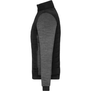 A padded hybrid jacket featuring a black and grey design, with a zip-up front and high collar. It has a logo present.