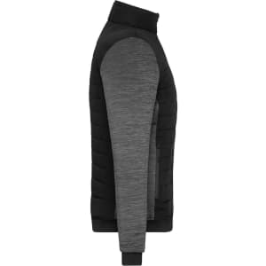 A padded hybrid jacket featuring a grey and black design, with a zip-up front and a sleek profile.