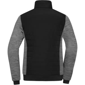 A padded hybrid jacket in black and grey, featuring a zip front and a high collar, with branding on the back.