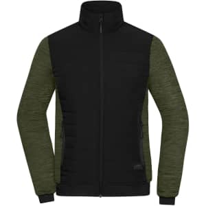 A padded hybrid jacket in black and olive green, featuring a zip front and side pockets. Includes a logo.
