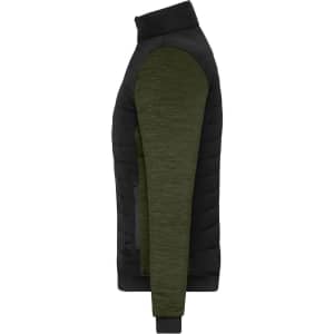 A padded hybrid jacket in black and olive green with a sleek design and a logo on the sleeve.