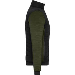 A padded hybrid jacket featuring a black body and olive green sleeves, with a fitted collar and zippered pockets.