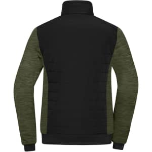 A padded hybrid jacket featuring a black upper section and olive green textured lower sleeves. It has a collar and a logo.