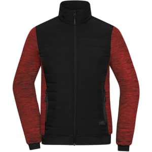 A padded hybrid jacket featuring a black body and red sleeves, with zippered pockets and a high collar.