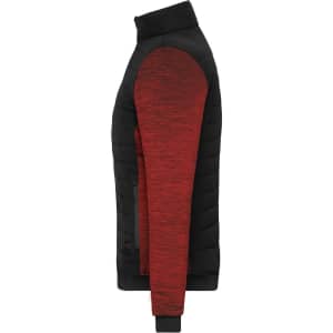 A padded hybrid jacket featuring a black body and a red knitted sleeve, with a zippered pocket and a logo.
