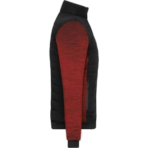 A side view of a ladies padded hybrid jacket featuring a black body and red textured sleeves, with a logo on the fabric.