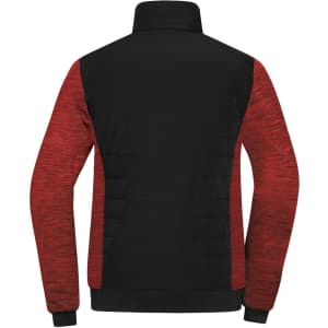 A hybrid jacket featuring a black and red design, with padded sections and a high collar. It has branding on it.