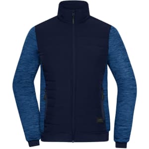 A padded hybrid jacket featuring a navy blue body with textured blue sleeves, zipped front, and side pockets.