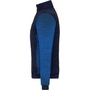A padded hybrid jacket featuring a navy body and blue sleeves, with a logo on the side.