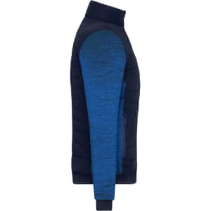A side view of a ladies' padded hybrid jacket featuring navy and blue hues, with a zip pocket and logo.