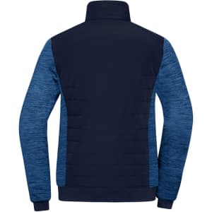 A navy blue and light blue hybrid jacket with a padded back and long sleeves. It features a collar and has a logo.