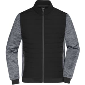 A padded hybrid jacket featuring a black front and grey sleeves, with two side pockets and a zip-up front.