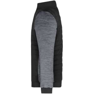 A hybrid jacket featuring a padded black body and grey textured sleeves, with a logo on the shoulder.