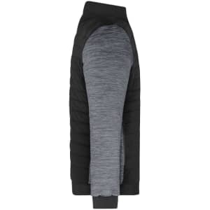 A men's padded hybrid jacket featuring a black body and grey sleeves, with a logo on the side.