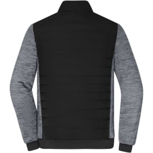 A padded hybrid jacket featuring a black body and grey sleeves, with a collar and ribbed cuffs, and a logo.