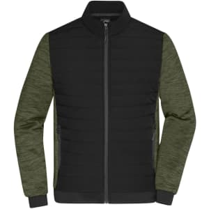 A padded hybrid jacket featuring black and olive green colours, with a zip front and logo.