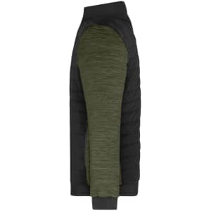 A men's padded hybrid jacket featuring a black body and olive green sleeves, with zippered pockets and a logo.