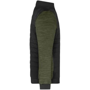 A men's padded hybrid jacket featuring olive green and black colours, displaying a side view and including a logo.