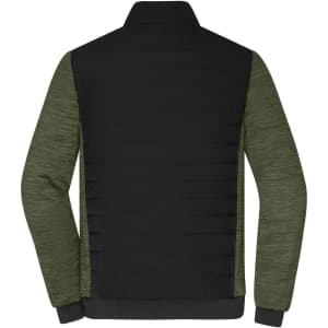 A padded hybrid jacket in black and olive green, featuring a zip-up front and contrasting fabric textures.
