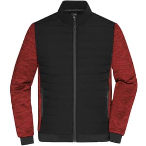 A padded hybrid jacket featuring black and red panels with a zip front and side pockets, also includes a logo.