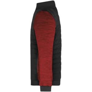 A mens padded hybrid jacket featuring a black body and red textured sleeves, with a logo on one side.