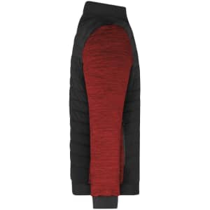 A padded hybrid jacket in black and red, featuring a zippered pocket and a logo on the side.