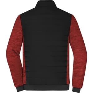 A men's padded hybrid jacket featuring a black body and red textured sleeves, with a collar and a logo.
