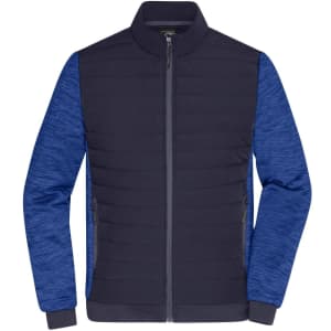 A men's padded hybrid jacket featuring navy and blue tones, with a zip front and side pockets. It has a logo.