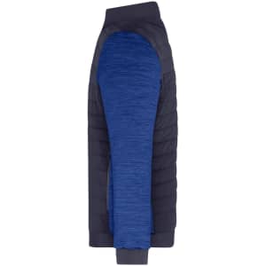 A padded hybrid jacket featuring a navy blue body with textured blue sleeves. It includes a logo on the fabric.