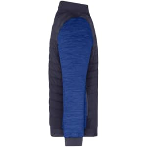 A mens padded hybrid jacket featuring a combination of navy and blue materials, with a sleek design and a logo.