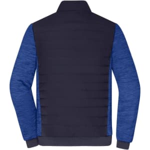 A men's padded hybrid jacket featuring a navy back and blue textured sleeves. Includes a logo on the front.